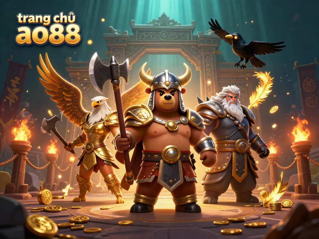 Embark on gaming adventures at trang chủ ao88 with dynamic 3D Viking and Valkyrie characters amidst golden coins and atmospheric effects.