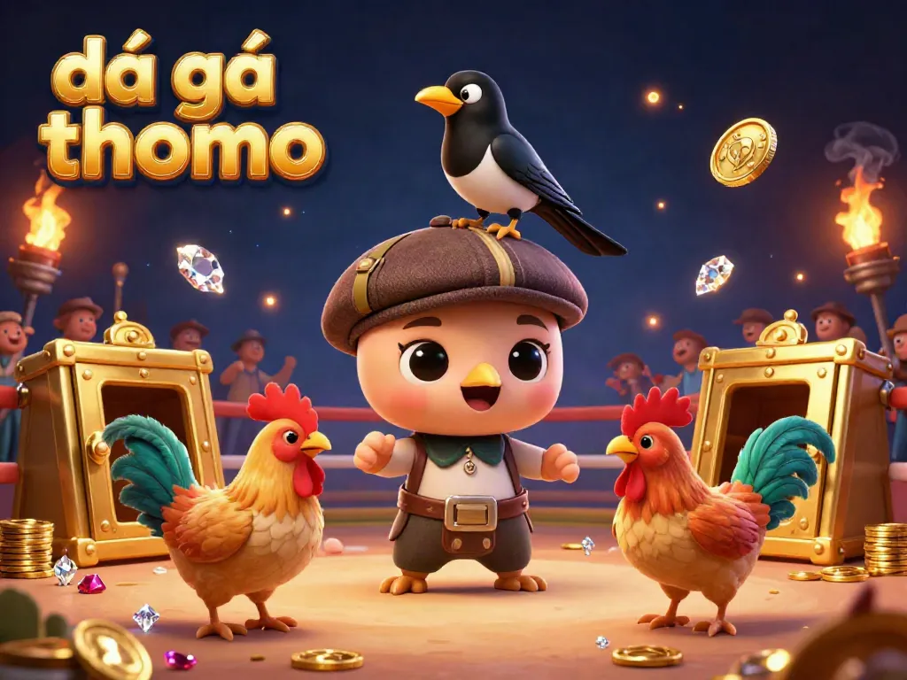 Engage in the thrilling đá gà thomo experience with vibrant 3D cartoon characters in an exciting cockfighting arena.