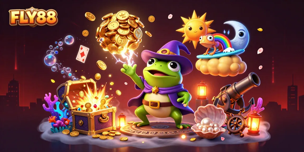 Experience FLY88’s vibrant casino action with golden coins, colorful gems, and animated characters.