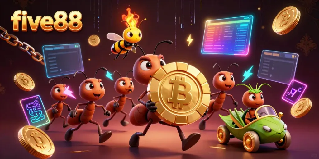 Experience the thrill of five88 with an epic scene of ants in a heist, showcasing exciting gambling elements.