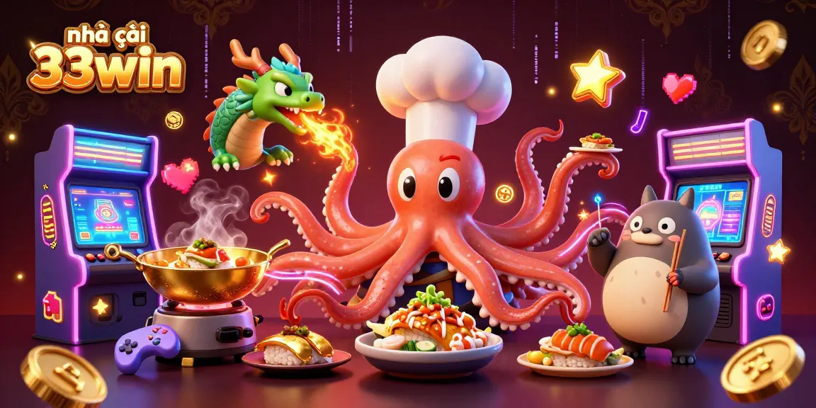 Experience the vibrant world of nhà cái 33win featuring an octopus chef, a dragon, and a customer amid colorful arcade elements.