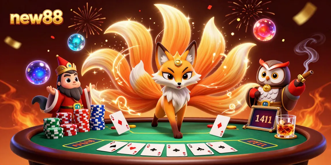 Experience new88's vibrant online casino escapade with mystical characters and enticing poker scenes.