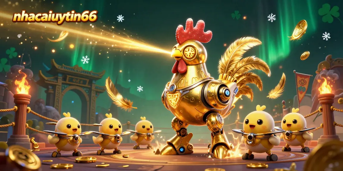 Witness the exciting action at nhacaiuytin66 with a dynamic golden rooster robot featuring baby chick drones in a thrilling casino setting.
