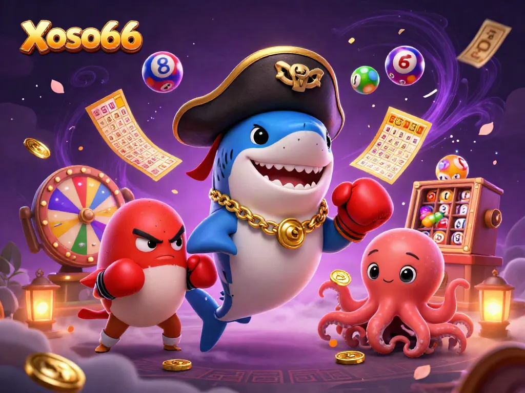 Xoso66 brings excitement with a dynamic illustration featuring a cartoon pirate shark and friends amidst lottery games.