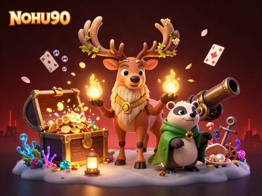 Experience the thrill of NOHU90 with a dynamic cartoon casino scene featuring vibrant characters and games.