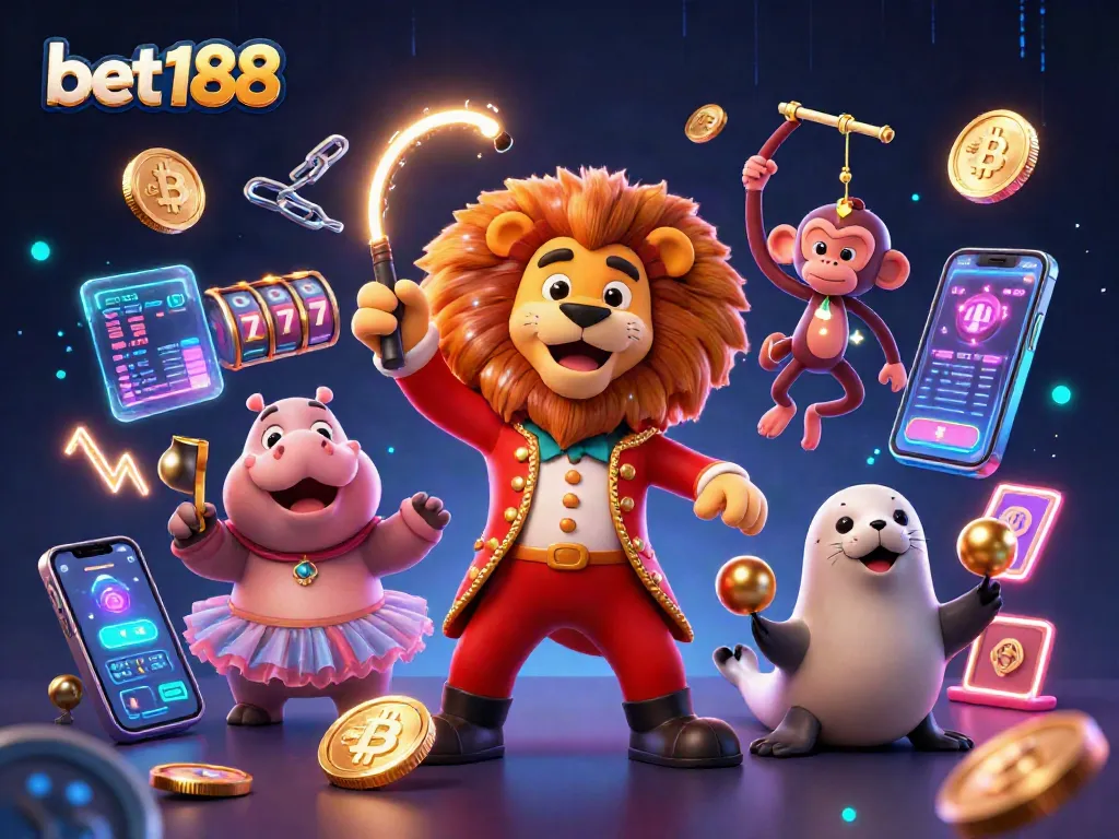 Bet188 engages players with a circus-themed casino scene featuring vibrant characters and slot elements.