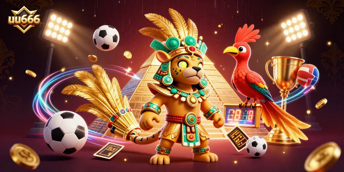 Experience thrilling wins with uu666 at this vibrant casino scene featuring a Mayan priest and sports elements.