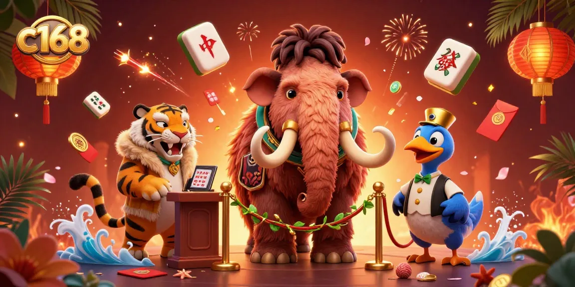 C168 players celebrating wins at a vibrant casino scene with exciting game elements and festive decorations.