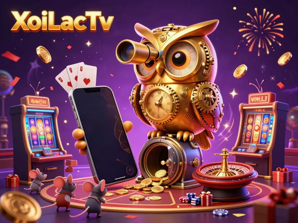 XoiLacTv showcases a golden owl and wind-up mice on a bustling casino floor filled with vibrant gaming elements.