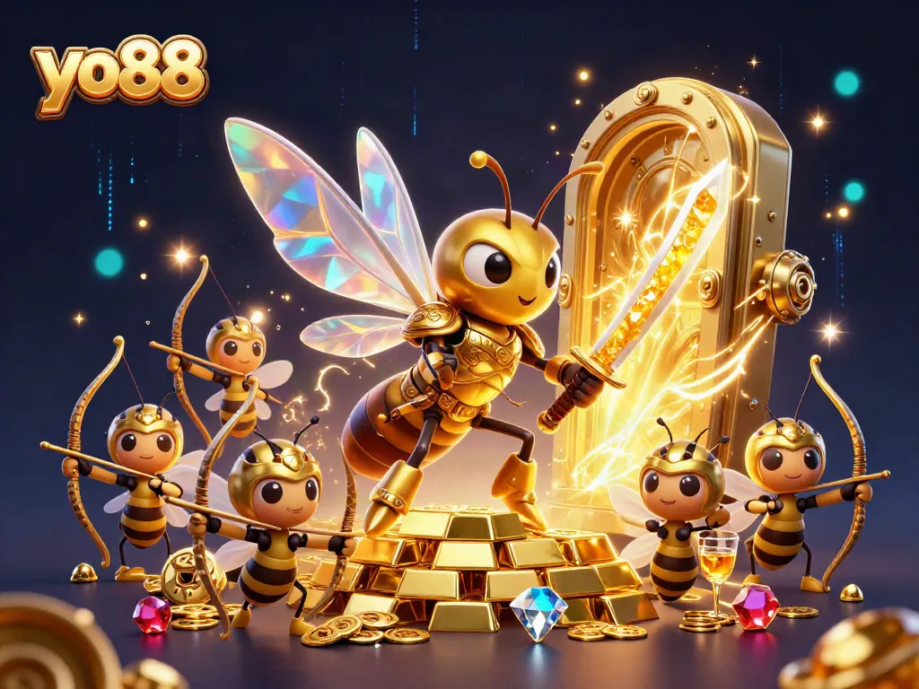 Engage in exciting gameplay at yo88 with a vibrant scene of casino-themed characters and dazzling treasures.