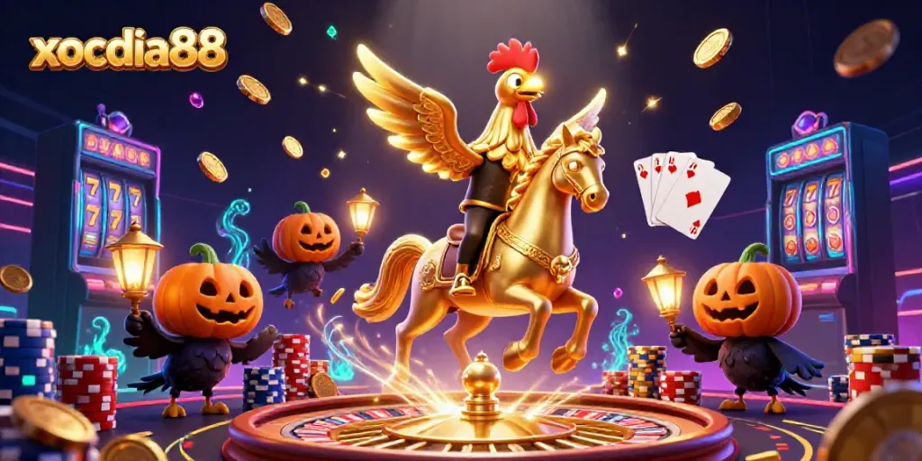 Experience thrilling gameplay with xocdia88's vibrant casino scene filled with golden treasures and epic characters.