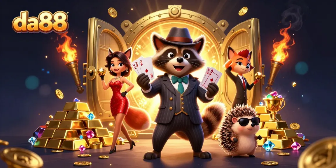 Experience excitement with da88 in a vibrant casino scene featuring suave characters and dazzling treasures.