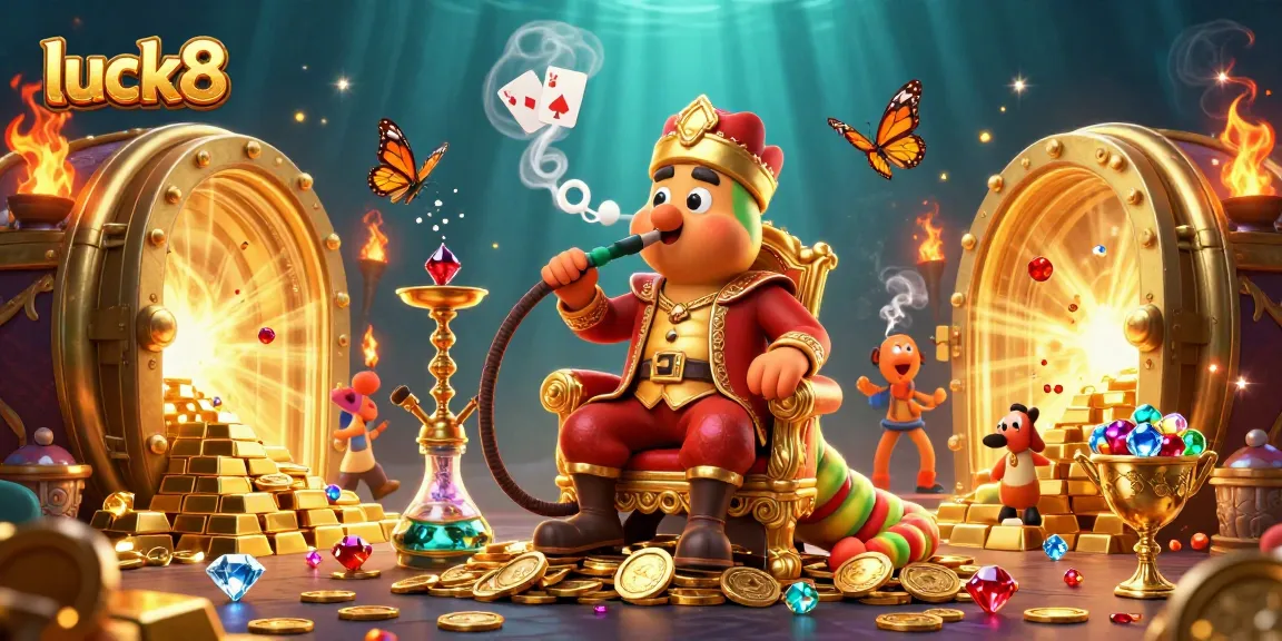 Experience the thrill of luck8 with an engaging scene of poker hands and treasure.