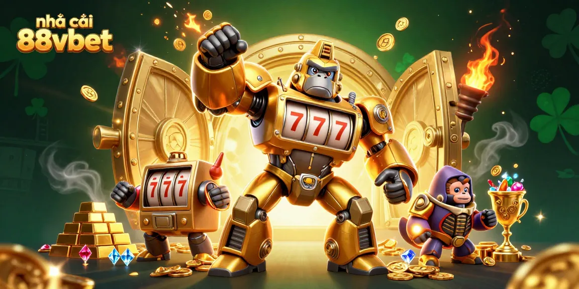 Join the excitement at nhà cái 88vbet with a golden gorilla mech in a dynamic casino scene.