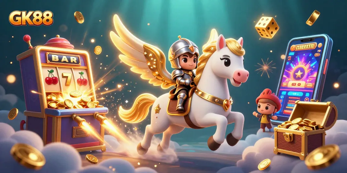 Experience exciting wins at GK88 with a celestial horse and gold coins in this lively casino scene.