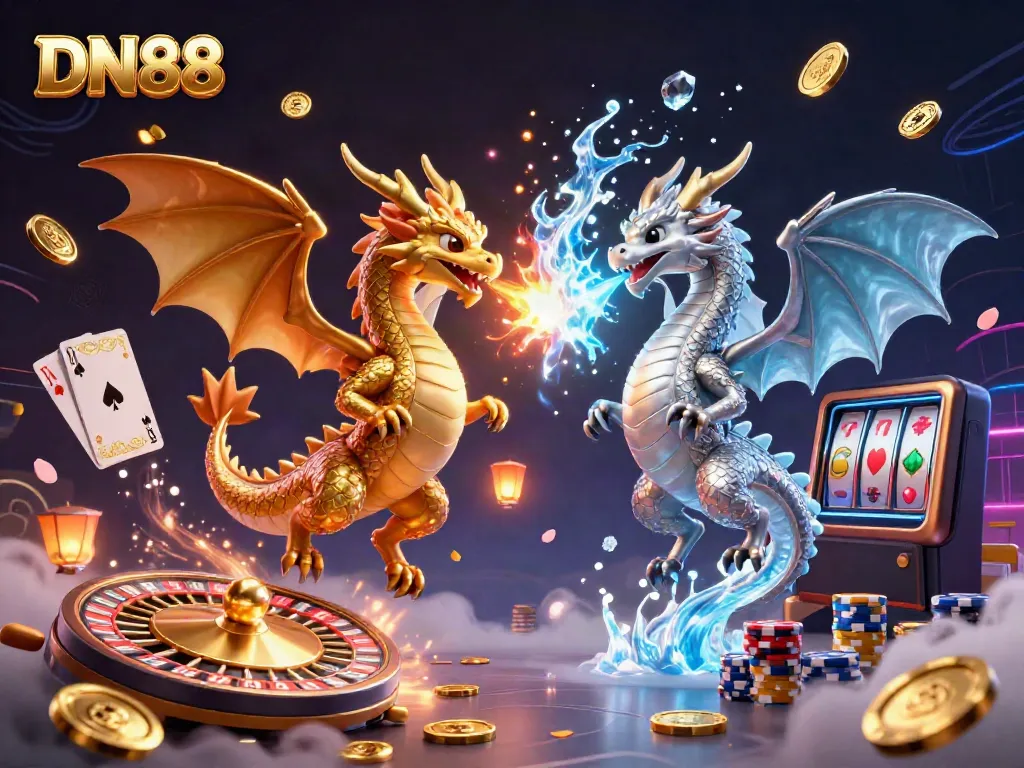 Experience thrilling adventures with DN88, featuring dragons and vibrant casino elements in a dynamic illustration.