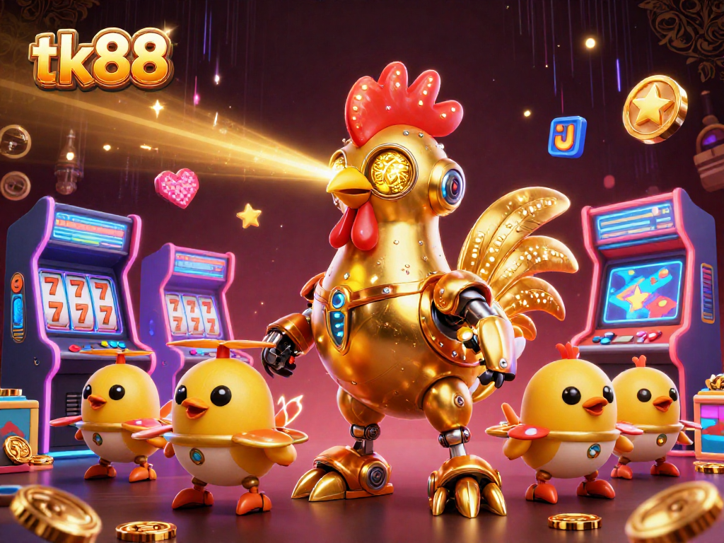 Engage in interactive casino fun with tk88's vibrant illustration of a futuristic golden rooster and gaming elements.