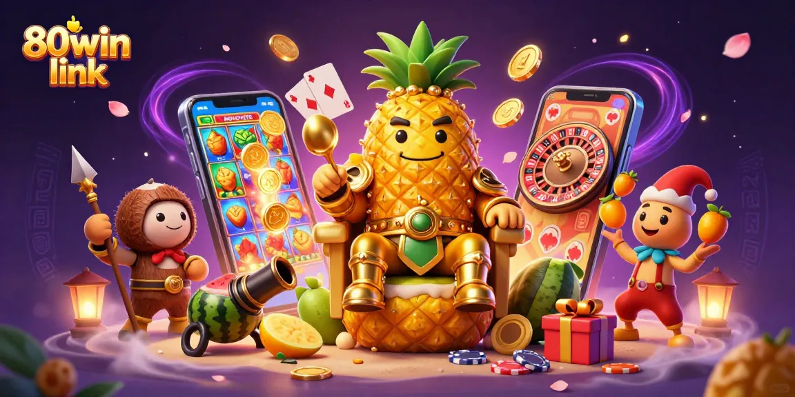 Experience excitement and wins with 80win link in this vibrant casino-themed 3D illustration.
