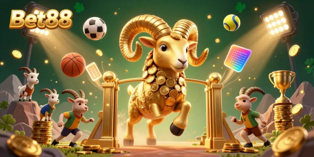 Bet88 showcases an exciting 3D illustration of a golden ram charging through a casino themed landscape of sports and betting elements.