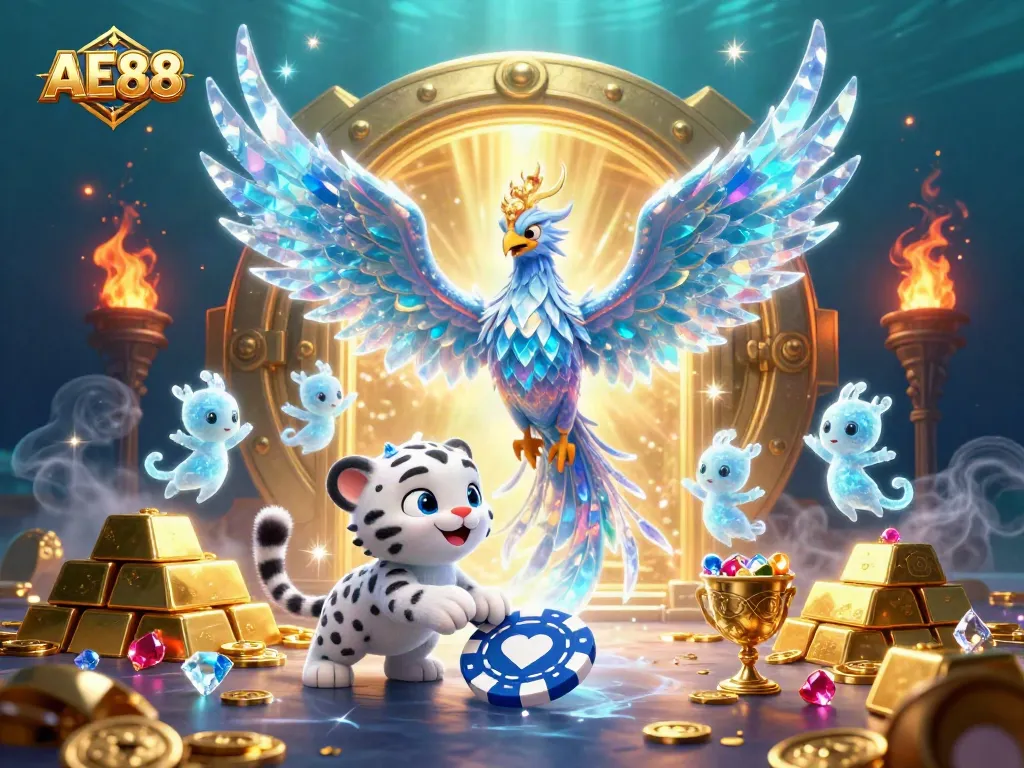 Engage with AE88's vibrant casino-themed illustration showcasing playful characters amid treasures.