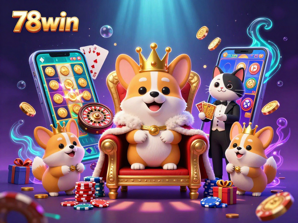 Engage with 78win's thrilling 3D casino scene featuring a regal corgi on poker chips