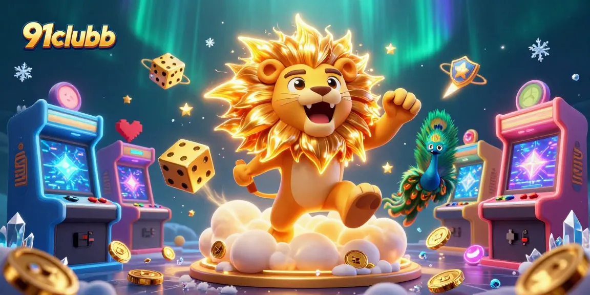 Engage with 91clubb in a vibrant casino atmosphere with dazzling games, characters, and golden dice.