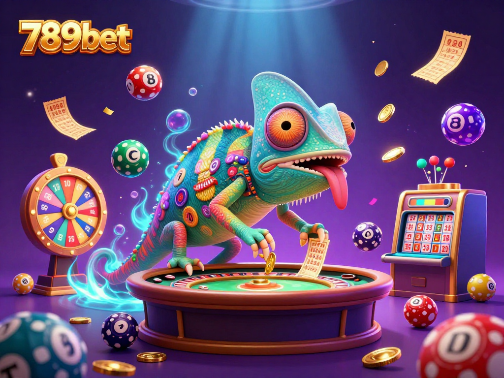 Join the fun at 789bet with a chameleon casino owner surrounded by colorful lottery elements.