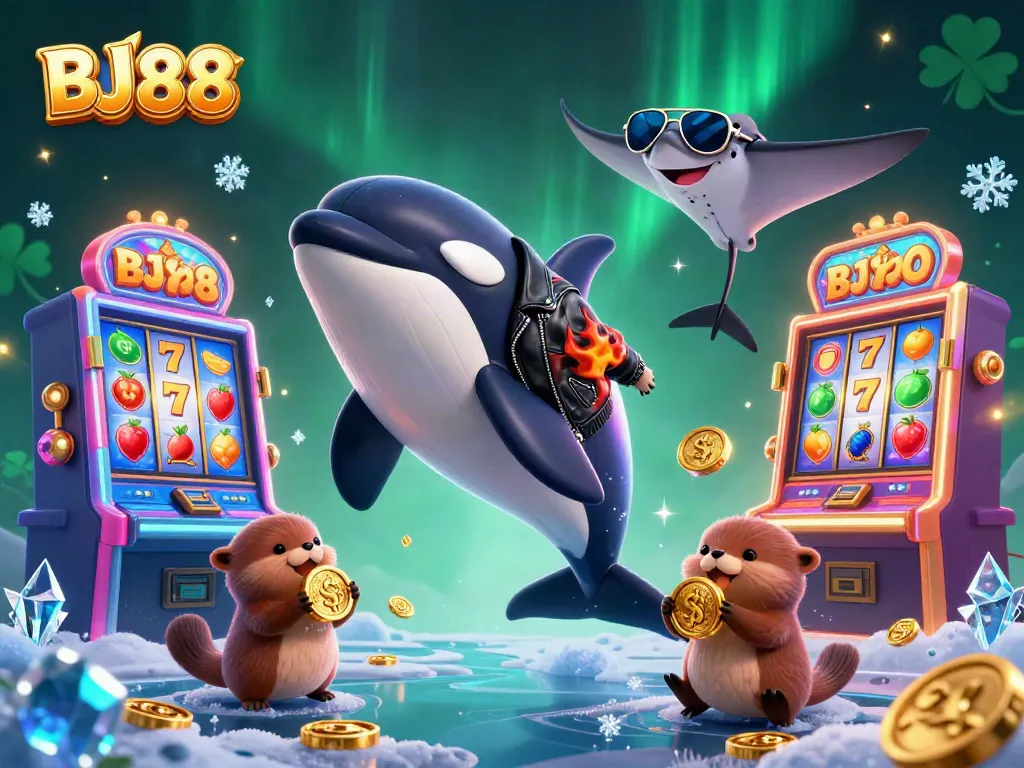 Bettors experience BJ88 excitement as a biker orca, aviator stingray, and otter family celebrate wins in a vibrant casino.