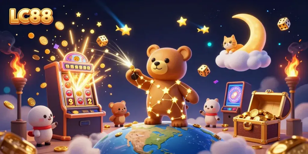 LC88 constellation bear scooping coins from Earth under a vibrant night sky with casino elements.