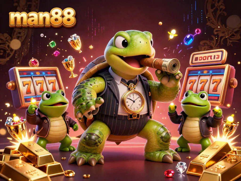 Experience thrilling gaming with man88's massive turtle, showcasing casino treasures and action.