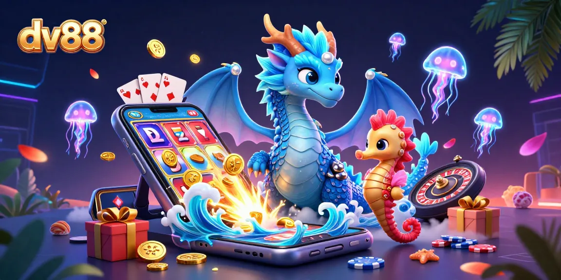 dv88 showcases dynamic gaming with an azure dragon, seahorse knight, and jellyfish in vivid 3D illustration.