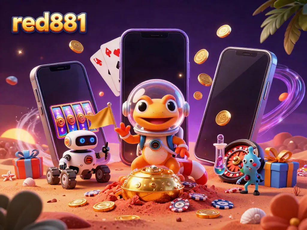 Experience the excitement of red881 casino with a Martian gecko and robot rover amidst golden treasures and vibrant games.