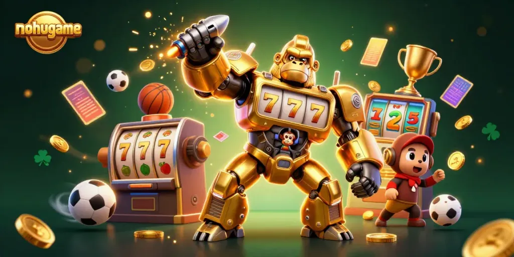 Experience intense gaming action with nohugame in this dynamic casino-themed scene featuring a golden gorilla mech.