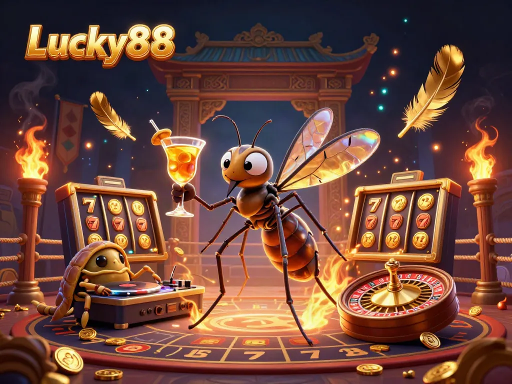 Engage with Lucky88 as a vibrant casino scene unfolds, showcasing unique characters and gold gambling elements.