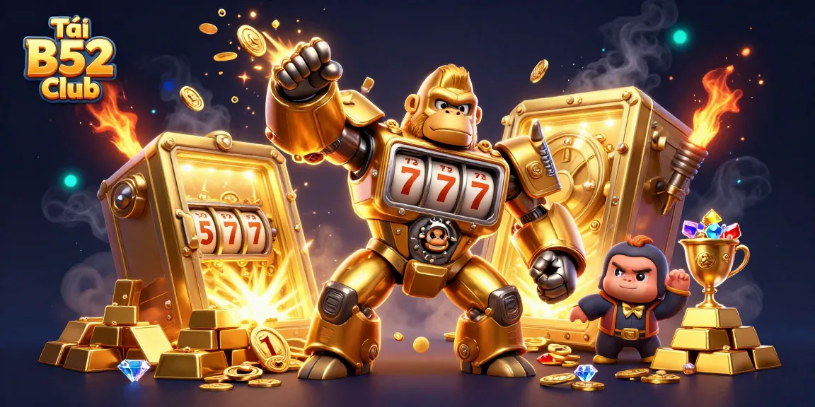 Tải B52 Club showcases a vibrant scene with a golden gorilla mech and game symbols, highlighting exciting gambling action.