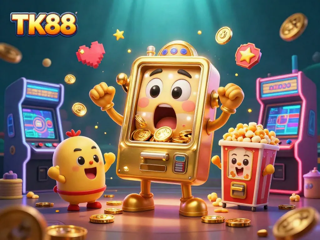 Interactive TK88 slot machine scene with gold coins pouring, colorful arcade machines, and a vibrant background.