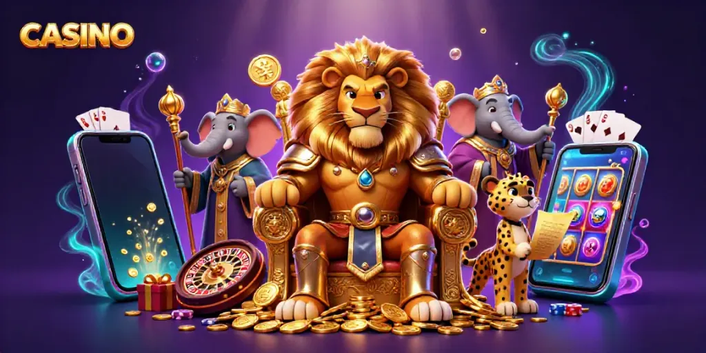 Experience the thrill of CASINO gaming with a vibrant 3D illustration featuring a lion king and gaming elements.