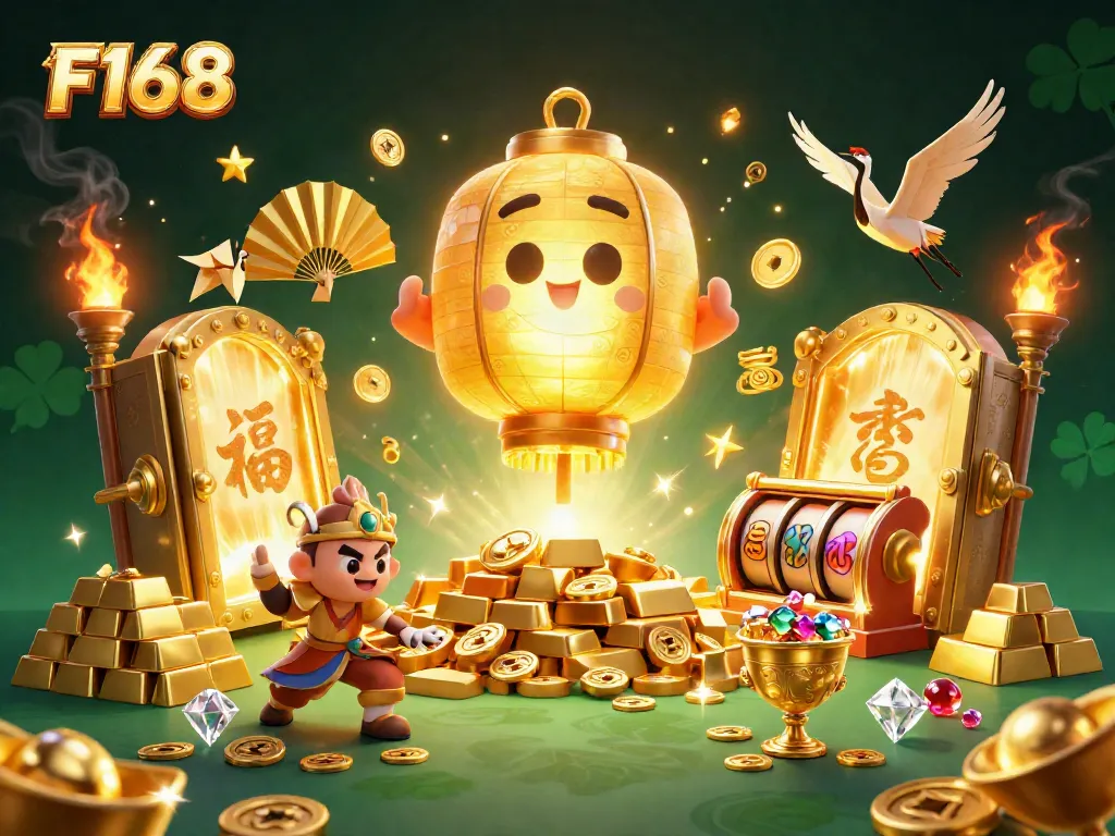 Experience F168 thrilling gameplay with a vibrant casino scene featuring golden lanterns and slot reels.