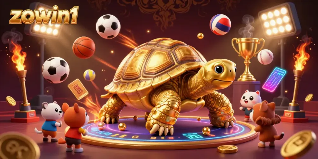 Engage with the dynamic gaming experience at zowin1 with a tortoise themed pinball scene showcasing sports betting excitement.