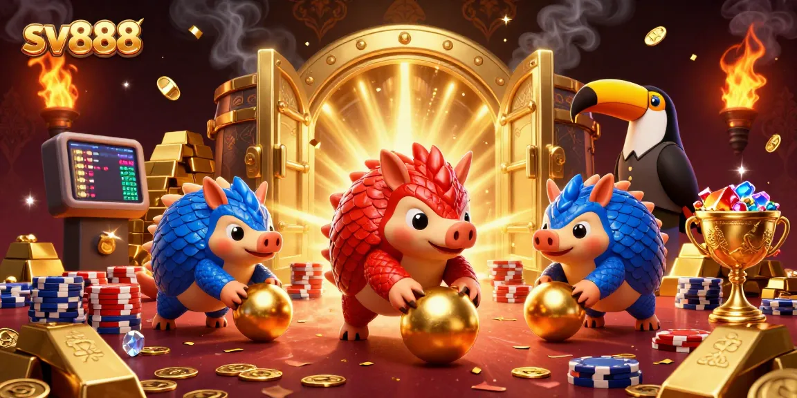 Challenge with sv888 as rival pangolins roll golden balls through poker chips in a vibrant casino scene.