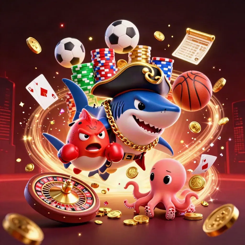 Pirate shark, pufferfish, and octopus amid casino chaos, coins, chips, roulette, and neon light