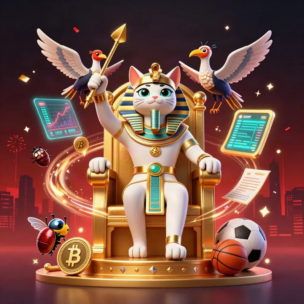 Pharaoh cat throne scene with ibis scribe, scarab beetles, and glowing betting icons