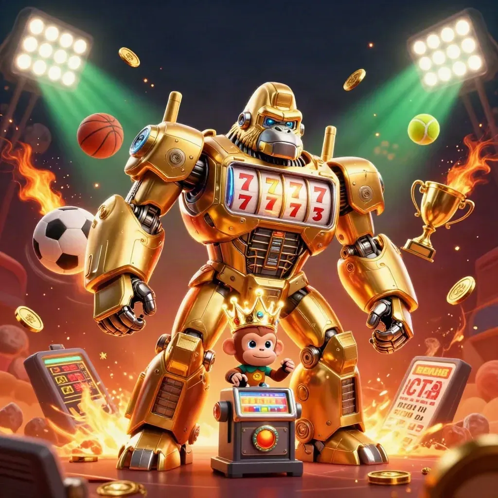 Golden gorilla mech with tiny monkey pilot, sports balls, trophy, coins, and glowing casino energy.