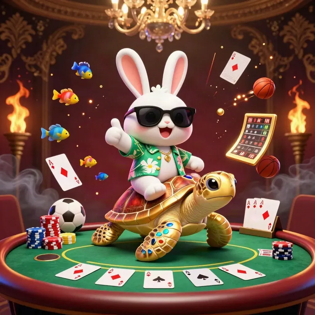 Rabbit on golden turtle amid poker chips, cards, balls and neon casino lights