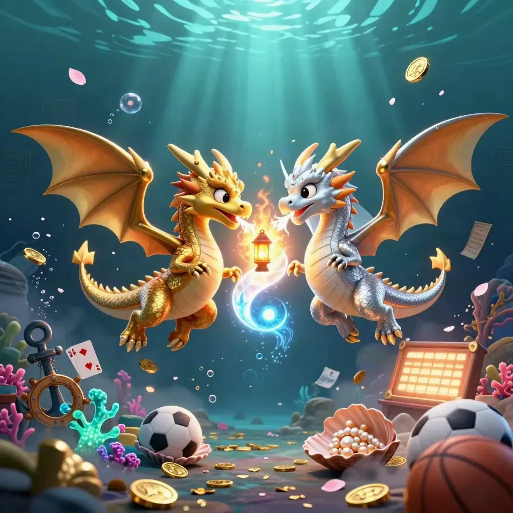 Gold and silver dragons with fire and ice over an underwater treasure cove.