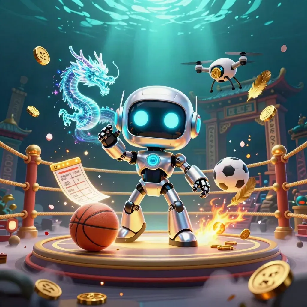 Robot mascot, holographic dragon, and coin drone amid balls, coins, and glowing casino effects.