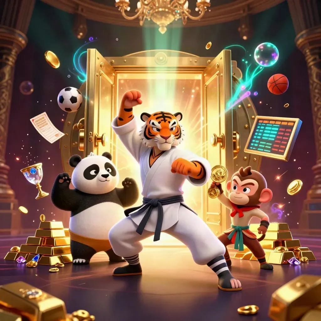 Kung-fu tiger, panda, and monkey amid gold vault loot, balls, and neon casino glows.