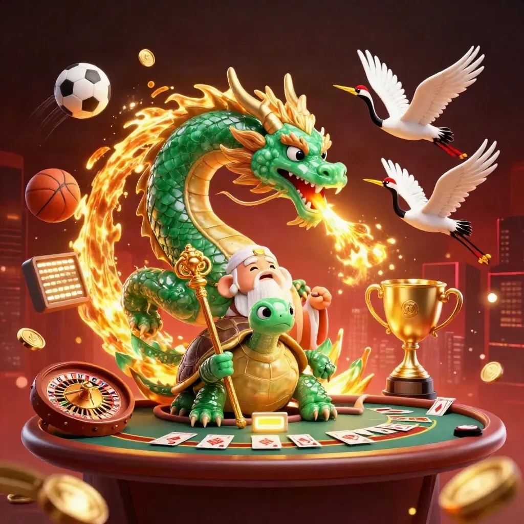 Emerald dragon, turtle sage, and cranes amid casino and sports icons in a dramatic neon scene.
