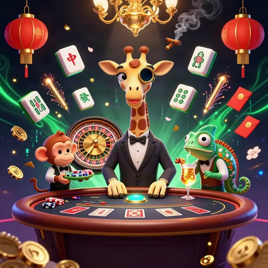 Giraffe high roller, monkey valet, and chameleon bartender in a glowing casino room.