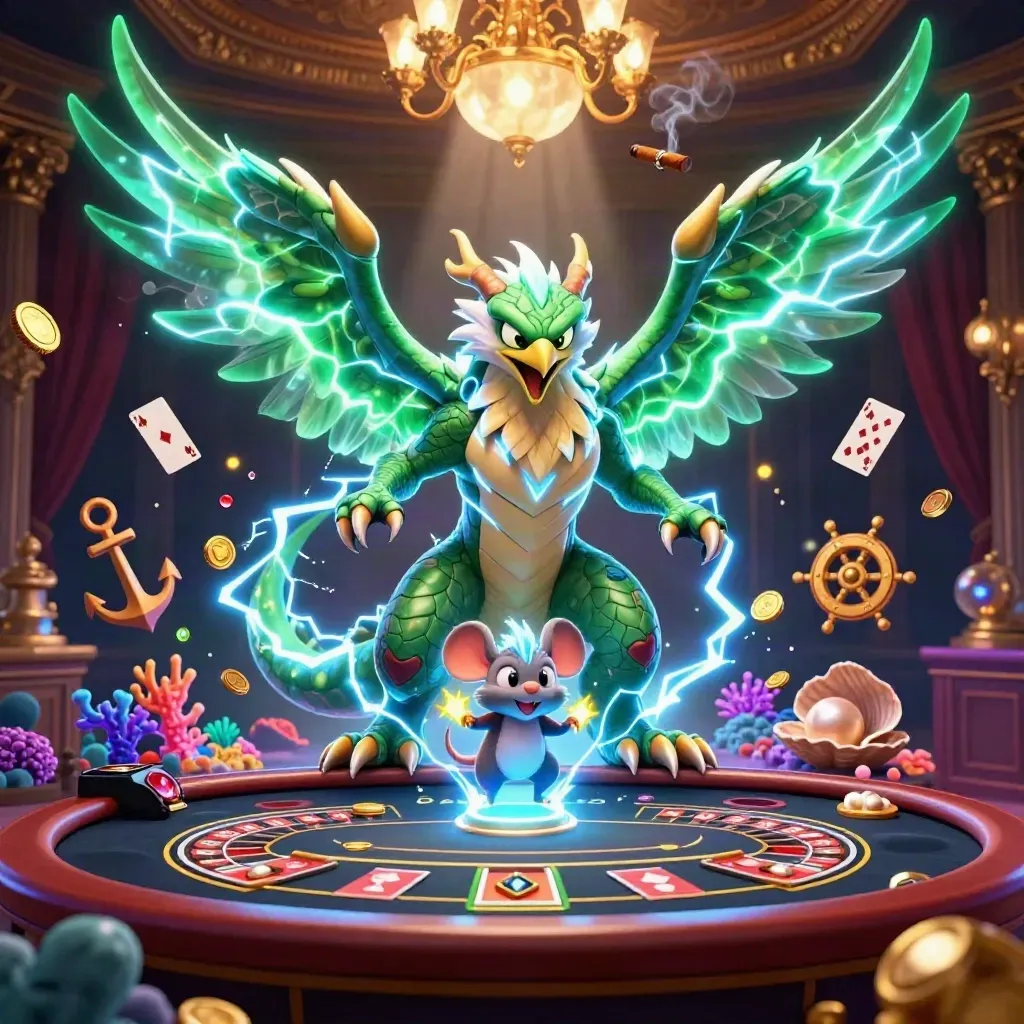 Thunder dragon trio in a luxe casino-underwater scene with glowing cards, coins, and coral.